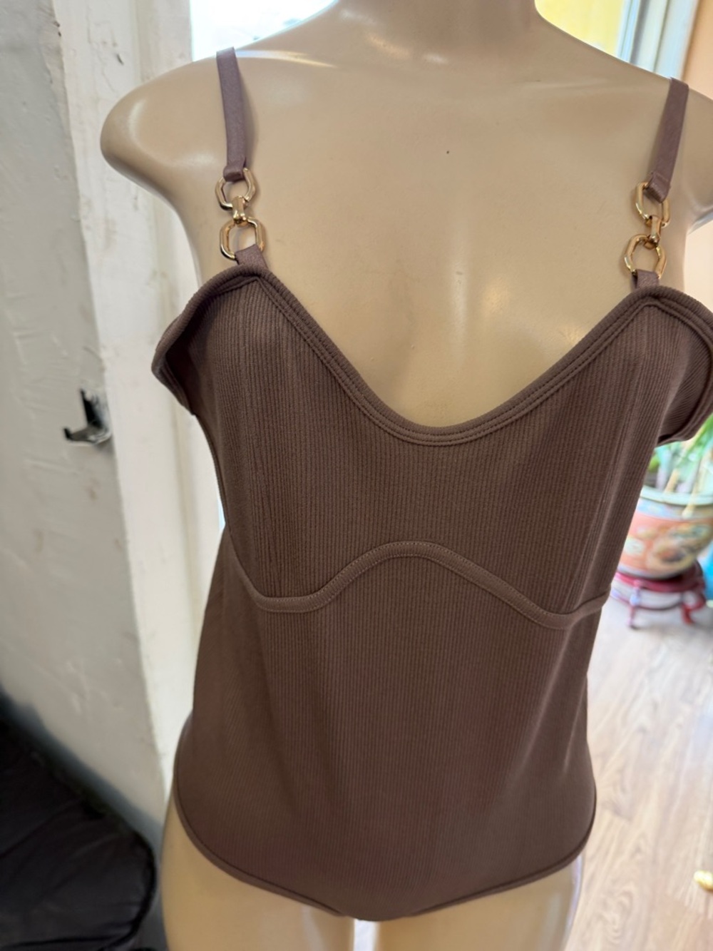 Fashion Nova Brown Ribbed‎ Tankini Top with Gold Rings